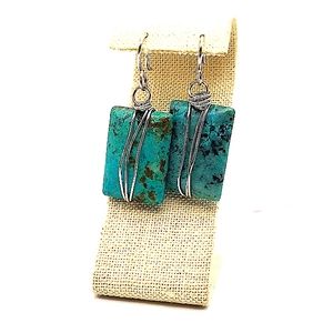 Wire Wrapped Cushion Cut Turquoise Earrings